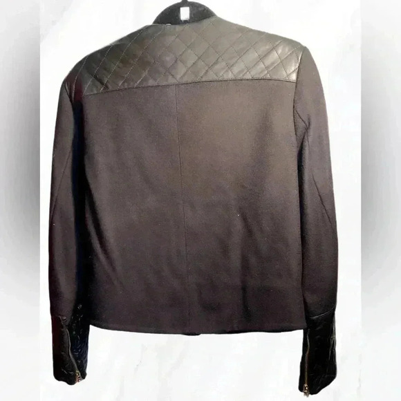 Alice and Olivia black crop long sleeve leather trim wool and cashmere jacket S - Picture 3 of 5